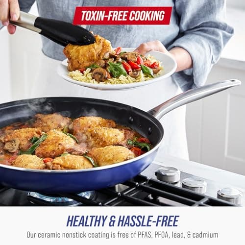 Blue Diamond 14 Piece Nonstick Cookware Set, Diamond Ceramic Pots & Pans, Dishwasher & Metal Utensil Safe, Non Toxic PFAS-Free, Kitchen Cooking Sauce & Saute Pans, Oven & Broiler to 600F, Blue