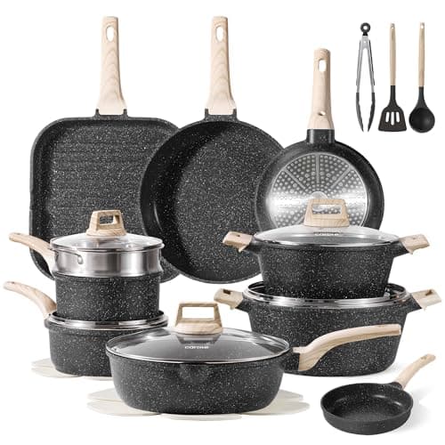 CAROTE 22Pcs Pots and Pans Set, Nonstick Cookware Sets, Granite Induction Cookware Non Stick Cooking Set w/Frying Pans & Saucepans(PFOS, PFOA Free)
