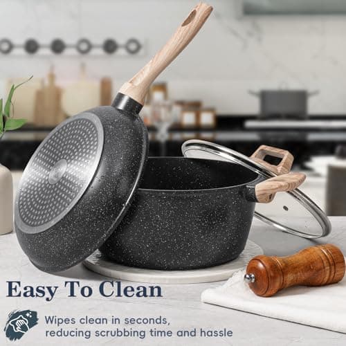 12 Pcs Pots and Pans Set Non stick, Cookware Sets Black Granite Induction Cookware, Non-toxic Healthy Nonstick Kitchen Cooking Set with Frying Pans Set, Saucepans (PFAS/PFOA/PFOS Free)
