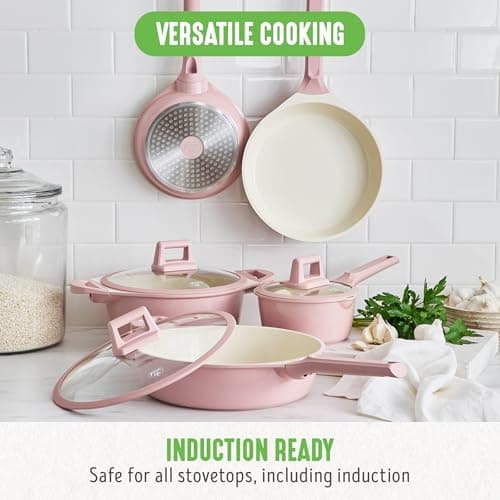 GreenLife 8 Piece Ceramic Nonstick Cookware Set, Induction Suitable Non Toxic PFAS-Free Pots & Pans, Dishwasher Safe, Cooking Set, Stock Pot, Saucepans & Frying Pans, Kitchen Cooking, Light Pink
