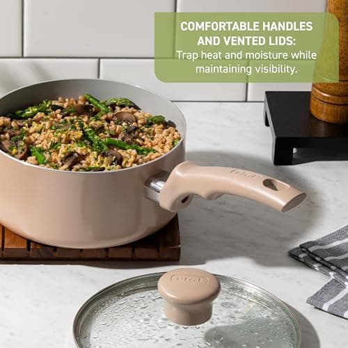 T-Fal Refresh Ceramic Nonstick Cookware Set, 12-Piece, Made without PFOA and PTFE, Oven and Broiler Safe up to 350°F, Includes Stockpot, Griddle, Frying Pans, and Utensils, Pots and Pans, Mint Green