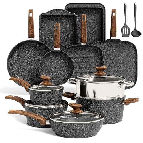 Kitchen Academy Induction Cookware Set-17 Piece Non-stick Cooking Pan Set, Black Granite Pots and Pans Set