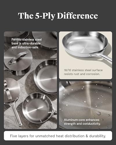 Caraway Stainless Steel Deluxe Cookware Set (16 Piece) - 5-Ply Stainless Steel Pots, Frying Pans, Lids and Kitchen Storage - Non Toxic, PTFE & PFOA Free