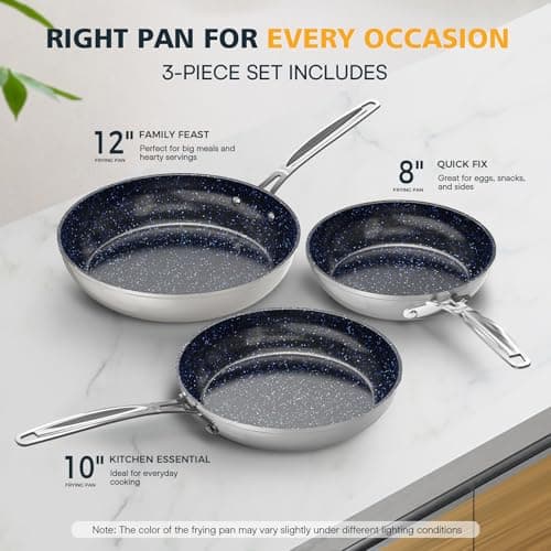 Nuwave 3-Piece 8”, 10”, 12” Forged Lightweight Frying Pan Set, G10 Healthy Duralon Blue Ceramic Ultra Non-Stick, Ergonomic Stay-Cool Handles, Induction-Ready & Works on All Cooktops