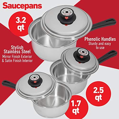 Maxam 9-Element Waterless Cookware Set, Durable Stainless Steel Construction with Heat and Cold Resistant Handles, 17-Pieces