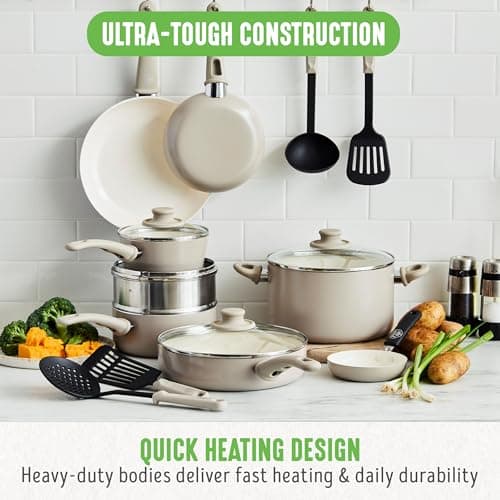 GreenLife 16 Piece Nonstick Cookware Set, Soft Grip Non-Toxic PFAS-Free Ceramic Pots & Pans, Dishwasher & Oven Safe, Frying, Sauce, Saute, Utensils, Glass Lids, Stay-Cool Handles, Wobble Free, Taupe