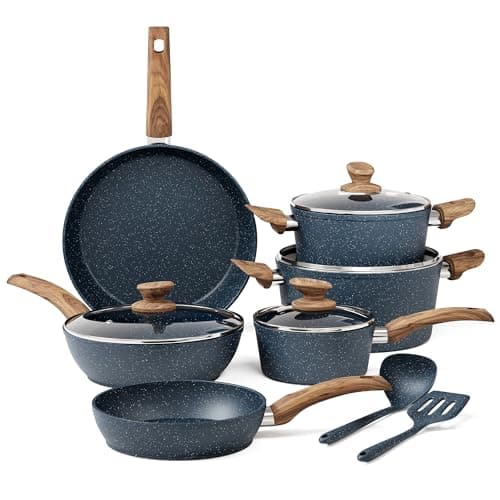 Kitchen Academy Pots and Pans Set Non Stick - 12 Piece Induction Kitchen Cookware Sets, Blue Granite Nonstick Cooking Pans Set