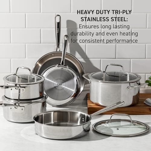 T-fal Pro Tri-Ply Stainless Steel Cookware Set 10 Piece, Induction Compatible Oven Safe 500F, Lids 350F, Fast & Even Heat, Professional Quality & Durability, Pots and Pans Set, Dishwasher Safe, Silver