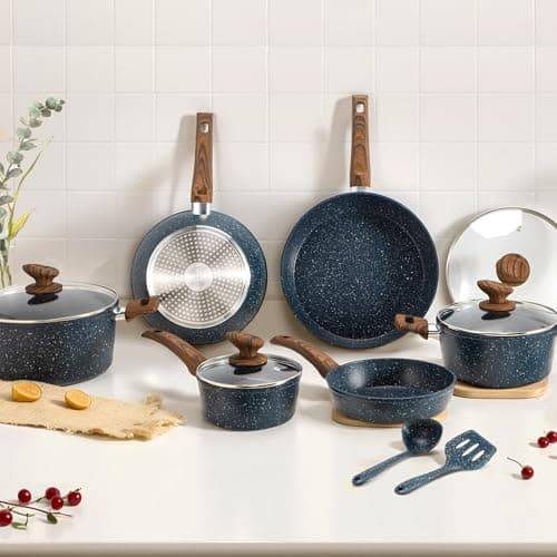 DisDelight Pots and Pans Set Non Stick, Nonstick Induction Granite Kitchen Cookware Sets, Induction Nonstick Granite Cooking Set, Induction Cookware Cooking Pan Set, Pan Sets for Cooking, Blue