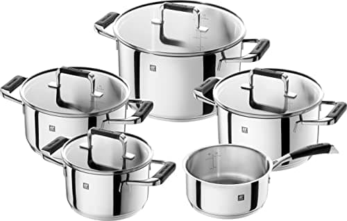 ZWILLING Cornelia Poletto 5-Piece Saucepan Set, Suitable for Induction Cookers, Stainless Steel, with Glass Lid, with Silicone Handles, Silver