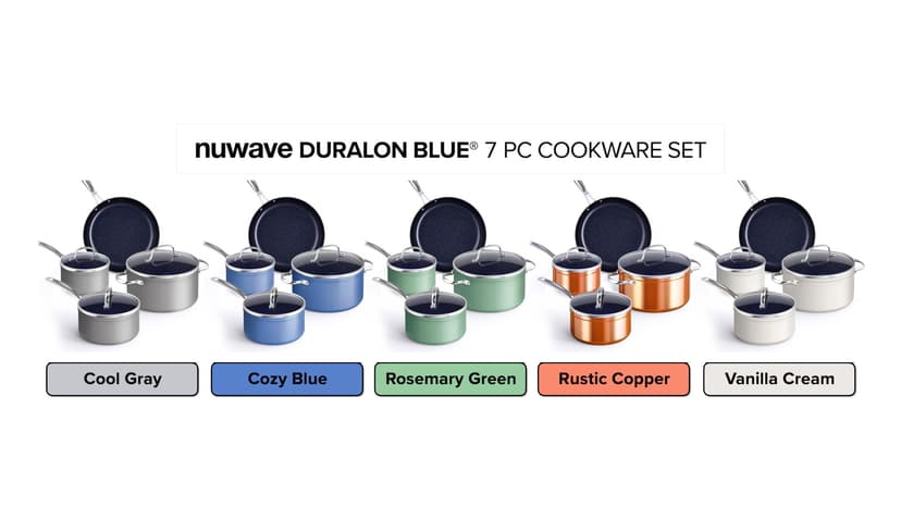 Nuwave 7pc Cookware Set Healthy Duralon Blue Ceramic Nonstick Coated, Diamond Infused Scratch-Resistant, PFAS Free, Oven Safe, Induction Ready & Evenly Heats, Tempered Glass Lids & Stay-Cool Handle