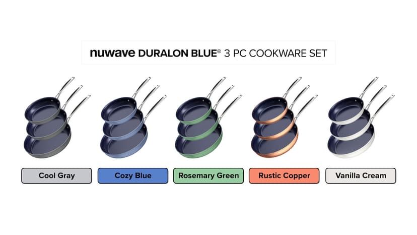 Nuwave 3-Piece 8”, 10”, 12” Forged Lightweight Frying Pan Set, G10 Healthy Duralon Blue Ceramic Ultra Non-Stick, Ergonomic Stay-Cool Handles, Induction-Ready & Works on All Cooktops