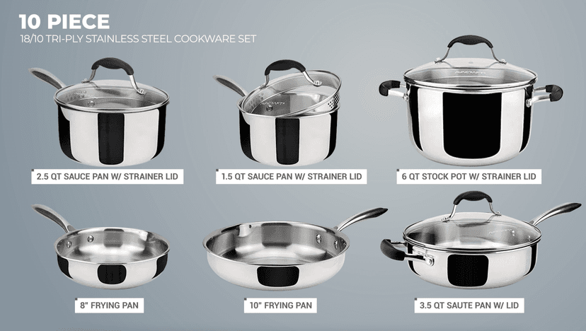 AVACRAFT 18/10 Stainless Steel Cookware Set, Premium Pots and Pans Set, Kitchen Essentials for cooking, Multi-Ply Body Stainless Steel Pan Set, 10-Piece Sets