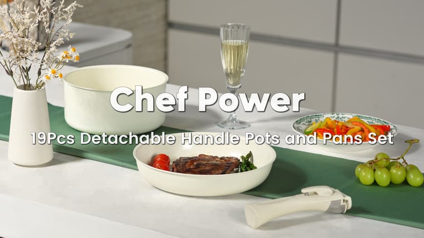 Chef Power Ceramic Cookware Set Non Toxic with Detachable Handles, Healthy Nonstick Pans and Pots Set 19 Pcs, Induction Dishwasher Oven Safe Kitchen Set, PFAS PFOA & PTFE Free, Cream White