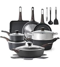 SENSARTE Pots and Pans Set Non stick, Non toxic Healthy Induction Cookware Sets, 14 Pcs Non Stick Kitchen Cooking Set with Frying Pans Set & Saucepan, PFOA PFOS APEO Free, Black