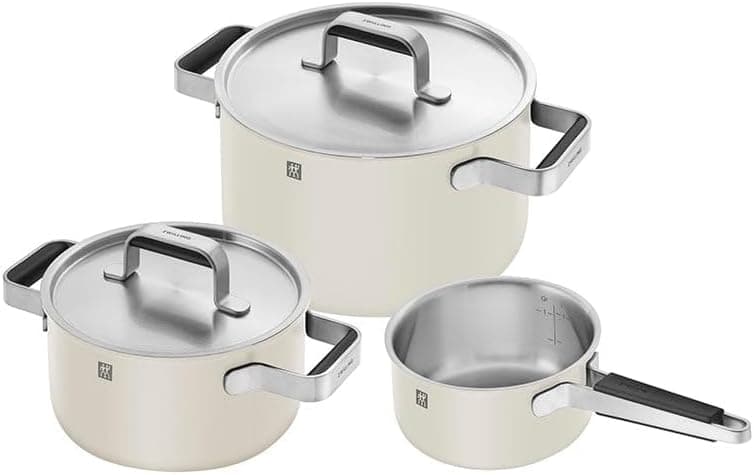 ZWILLING Pure Cookware 3-Ply Stainless Steel Cookware Set, Colored Ceramic Exterior Coating, Stay-Cool Handles, Dishwasher Safe (White
