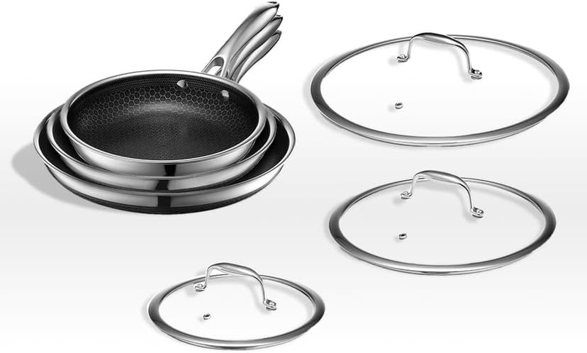 HexClad Hybrid Nonstick 6-Piece Fry Pan Set, 8, 10, and 12-Inch Frying Pans with Tempered Glass Lids, Stay-Cool Handles, Dishwasher-Friendly, Induction Ready, Compatible with All Cooktops