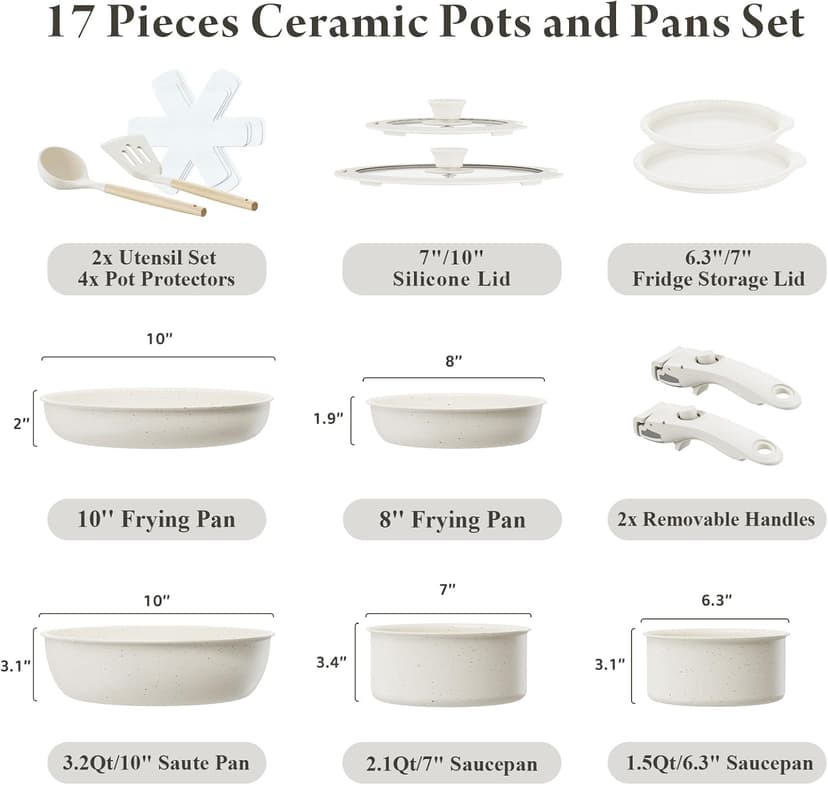 Ceramic Nonstick Cookware Set, Healthy,Non Toxic,17-Pieces Pots and Pans Set Removable Handles,Induction RV Kitchen Set,Stain & Scratch-resistant,Dishwasher/Oven Safe,PFAS/PFOA Free,Cream White