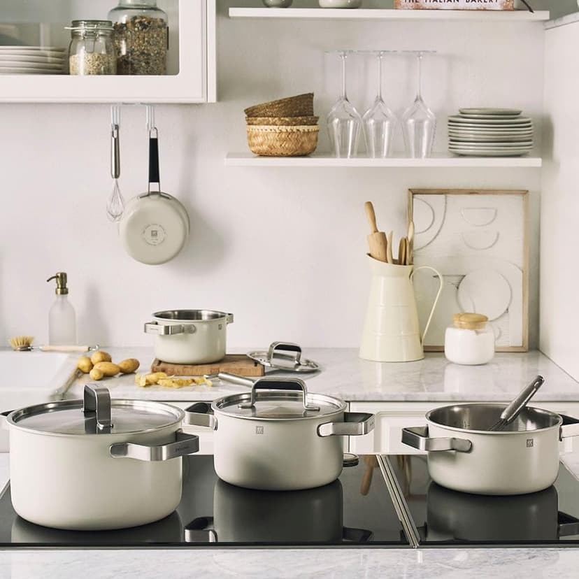 ZWILLING Pure Cookware 3-Ply Stainless Steel Cookware Set, Colored Ceramic Exterior Coating, Stay-Cool Handles, Dishwasher Safe (White