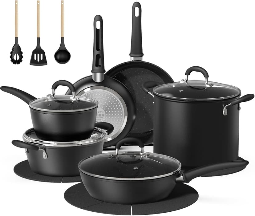 18 Pcs Pots and Pans Set Non Stick with 12-Quart Stock Pot, Nonstick Kitchen Cookware Sets with Utensils, Large Capacity Ceramic Cookware Set, PTFE/PFAS/PFOA Free, Black