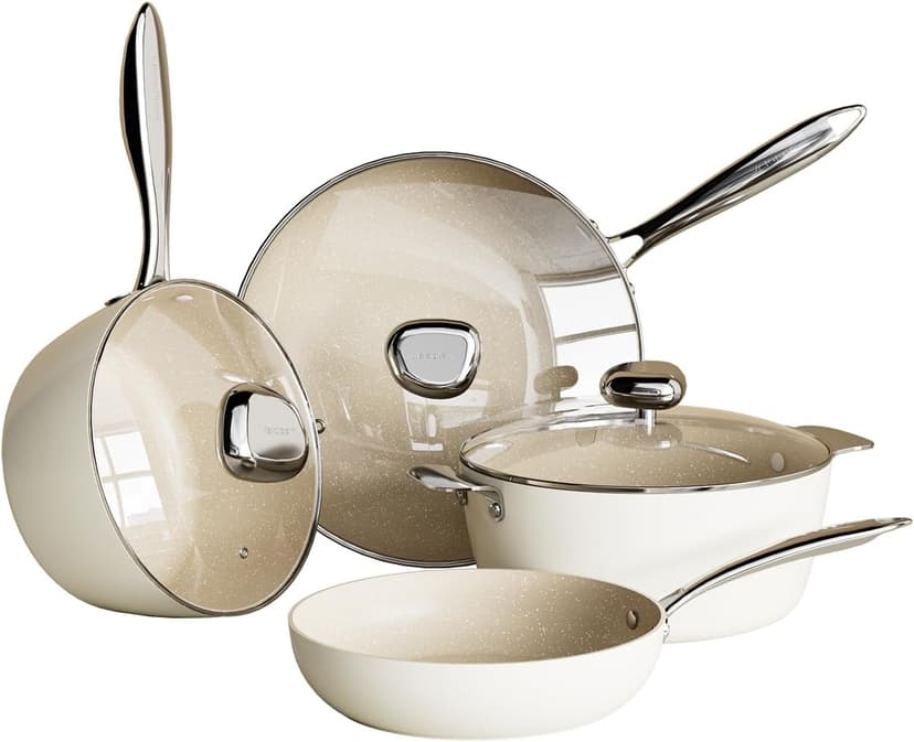 Non Stick Ceramic Cookware Set, Velosan Pebble Series Pots and Pans Set Non-toxic White Induction Cookware, with Frying Pan Saucepan Dutch Oven Wok, PFAS PTFE PFOA PFOS Free, Cream