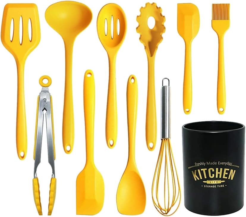 11Pcs Silicone Cooking Utensils Set - Heat Resistant Kitchen Tools, Spatula, Turner, Tongs, Spoon, Whisk, BPA Free, Dishwasher Safe, Nonstick Cookware Utensils (Yellow)