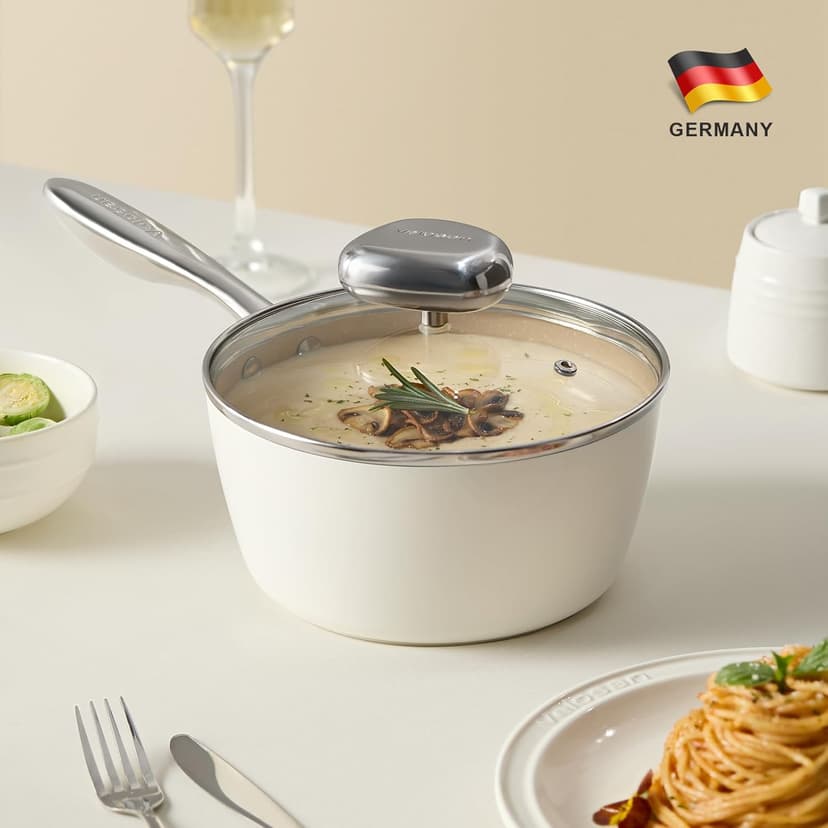 Non Stick Ceramic Cookware Set, Velosan Pebble Series Pots and Pans Set Non-toxic White Induction Cookware, with Frying Pan Saucepan Dutch Oven Wok, PFAS PTFE PFOA PFOS Free, Cream