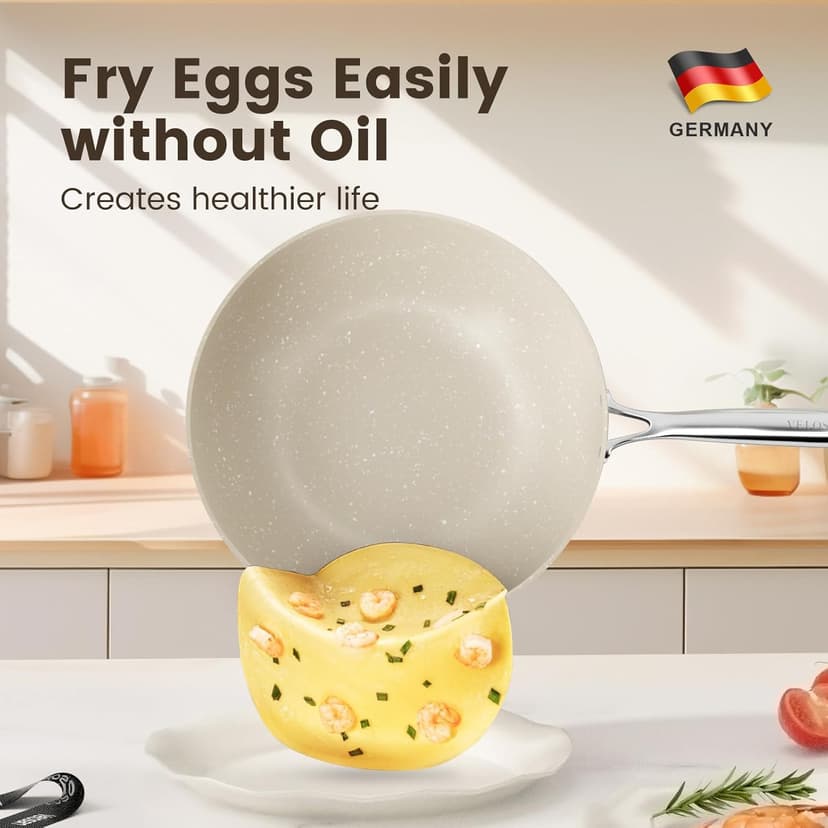 Non Stick Ceramic Cookware Set, Velosan Pebble Series Pots and Pans Set Non-toxic White Induction Cookware, with Frying Pan Saucepan Dutch Oven Wok, PFAS PTFE PFOA PFOS Free, Cream