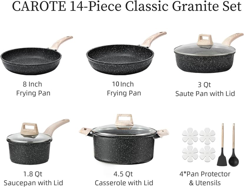 CAROTE 14Pcs Pots and Pans Set Non Stick, Cookware Sets Induction Cookware Granite Cooking Set with Frying Pans, Saucepans, Saute Pan, Extra Large Casserole