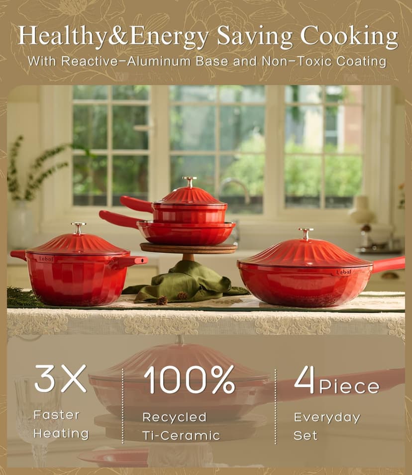 Nonstick Ceramic Cookware Set (7 Piece)–Titanium Non Toxic Pots and Pans Set with Lids, PFAS-Free Compatible with All Stovetops–Merlot Velvet