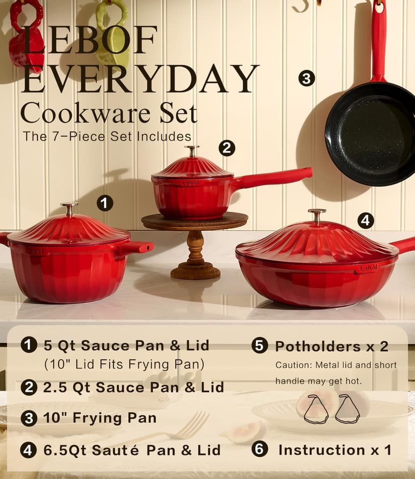 Nonstick Ceramic Cookware Set (7 Piece)–Titanium Non Toxic Pots and Pans Set with Lids, PFAS-Free Compatible with All Stovetops–Merlot Velvet