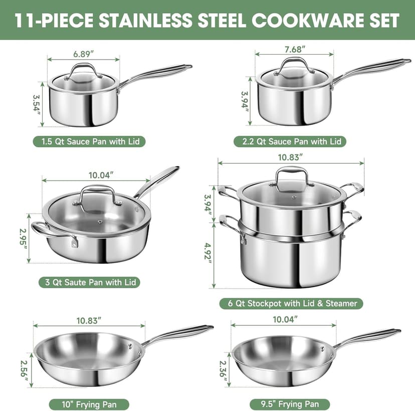 3 Ply Stainless Steel 11-Piece Cookware Set with Lids, Pots and Pans Kitchen Set, Non-Toxic, Induction, Oven, Dishwasher Safe, Professional Chef Quality