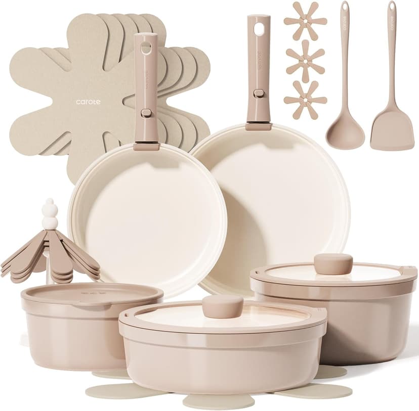 CAROTE 20pcs Ceramic Cookware Set Titanium Nonstick with Detachable Handles, Non Toxic Cookware, Pots and Pans Set Non Stick, Induction Available, Kitchen Cooking Pot and Pan, Dishwasher Safe