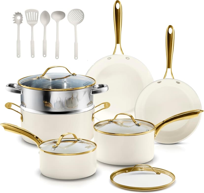 Gotham Steel 15 Pc Ceramic Cookware Set, Ceramic Pots and Pans Set Non Stick with Cooking Utensils and Steamer, Non Toxic PFOA PFOS Free, Premium Gold Stay Cool Handles, Oven & Dishwasher Safe