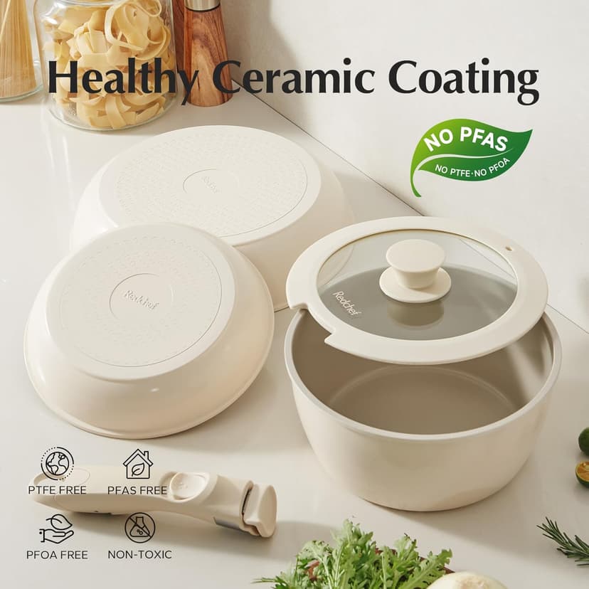 Redchef Ceramic Pots and Pans Set Non Stick, Nonstick Kitchen Cookware Sets, Non Toxic Pots and Pans Set Non Stick, PFAS PFOA & PTFE Free, Detachable Handle Pots and Pans 5 Piece, RV Cookware