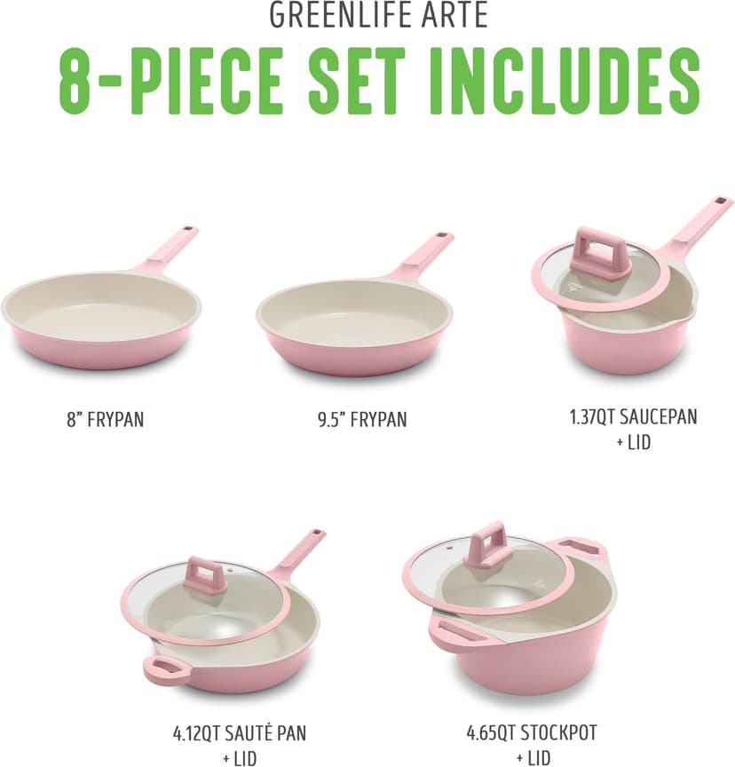 GreenLife 8 Piece Ceramic Nonstick Cookware Set, Induction Suitable Non Toxic PFAS-Free Pots & Pans, Dishwasher Safe, Cooking Set, Stock Pot, Saucepans & Frying Pans, Kitchen Cooking, Light Pink