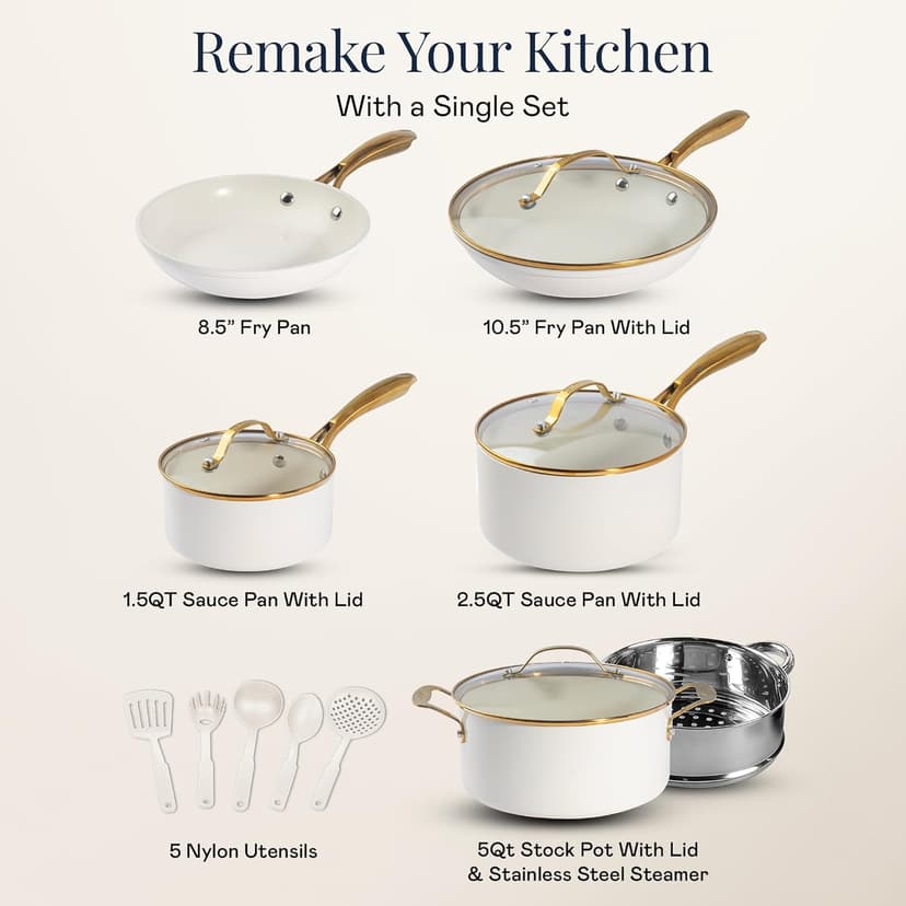 Gotham Steel 15 Pc Ceramic Cookware Set, Ceramic Pots and Pans Set Non Stick with Cooking Utensils and Steamer, Non Toxic PFOA PFOS Free, Premium Gold Stay Cool Handles, Oven & Dishwasher Safe