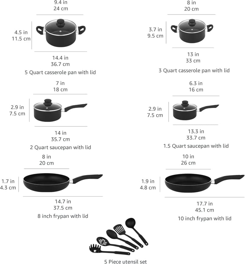 Amazon Basics Non Stick Kitchen Cookware 15-Piece Set, Non-Induction, Includes Pots, Pans, and Utensils, Black