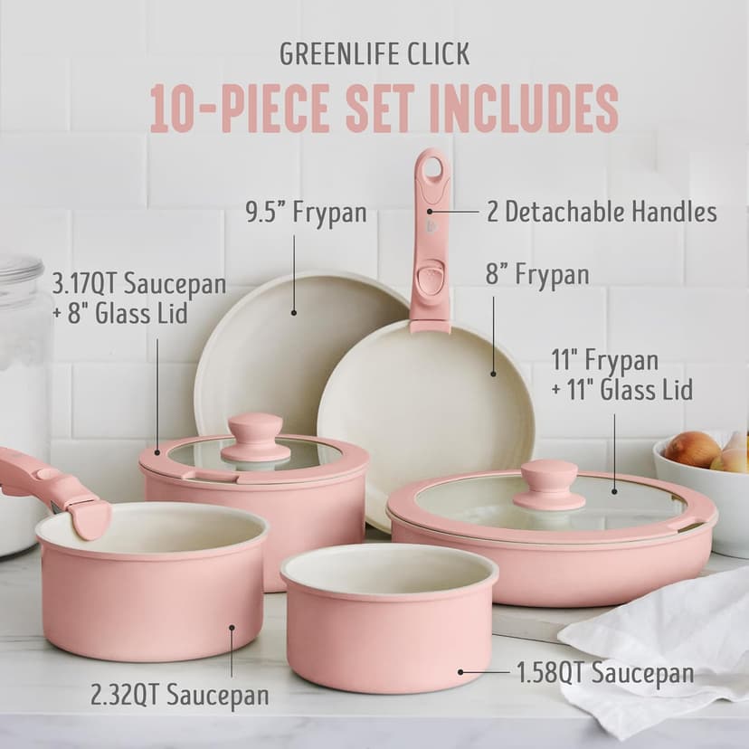GreenLife 10 Piece Nonstick Pots & Pans Set, Detachable Handle & Stackable Cookware Set, Non Toxic PFAS-Free Skillets, Induction Kitchen Pans, Space Saving, Serving Bowls, Oven Safe, Light Pink