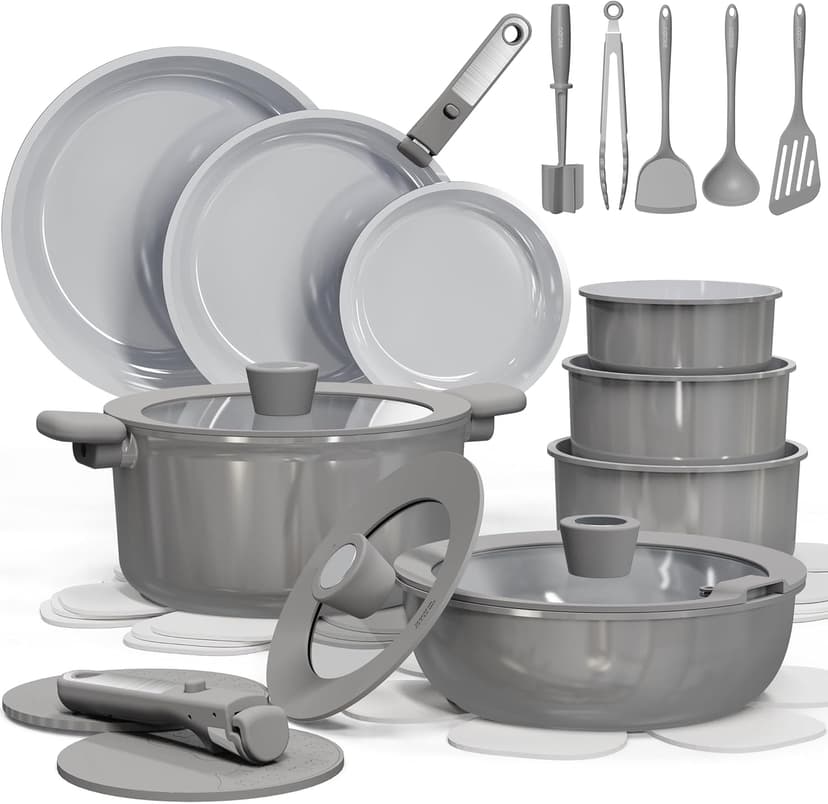 CAROTE 27pcs Ceramic Cookware Set Nonstick, Pots and Pans Set Non stick, Non Toxic Cookware, Dishwasher/Oven Safe, RV/Camping Cookware Set, Pan and Pot with Kitchen Utensils, Dark Gray