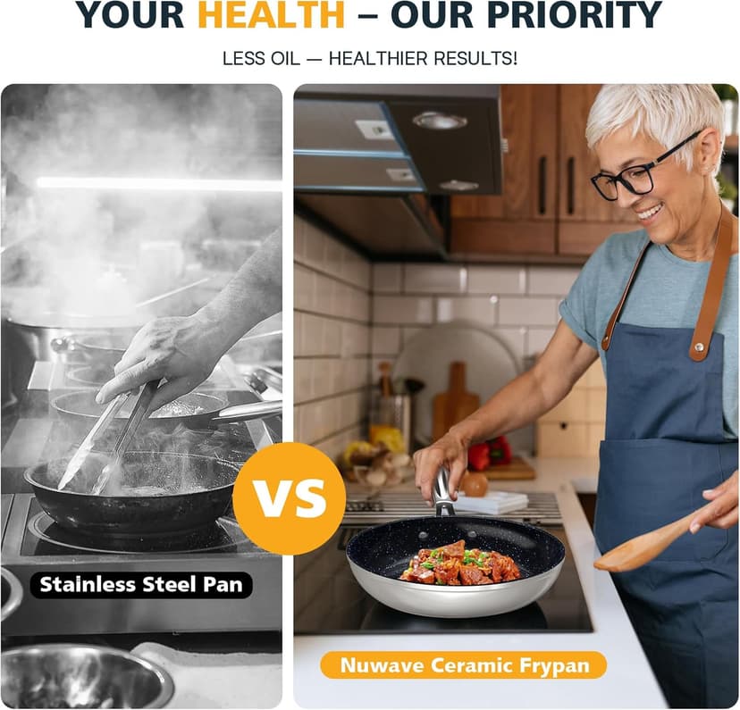 Nuwave 3-Piece 8”, 10”, 12” Forged Lightweight Frying Pan Set, G10 Healthy Duralon Blue Ceramic Ultra Non-Stick, Ergonomic Stay-Cool Handles, Induction-Ready & Works on All Cooktops