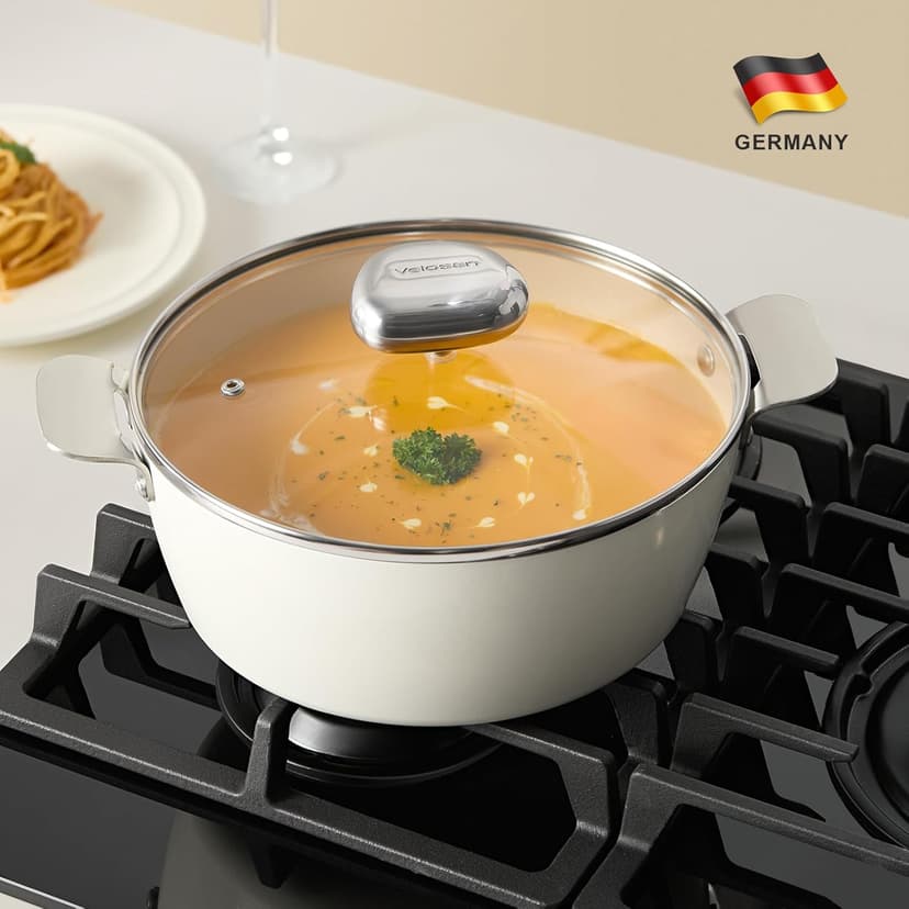 Non Stick Ceramic Cookware Set, Velosan Pebble Series Pots and Pans Set Non-toxic White Induction Cookware, with Frying Pan Saucepan Dutch Oven Wok, PFAS PTFE PFOA PFOS Free, Cream