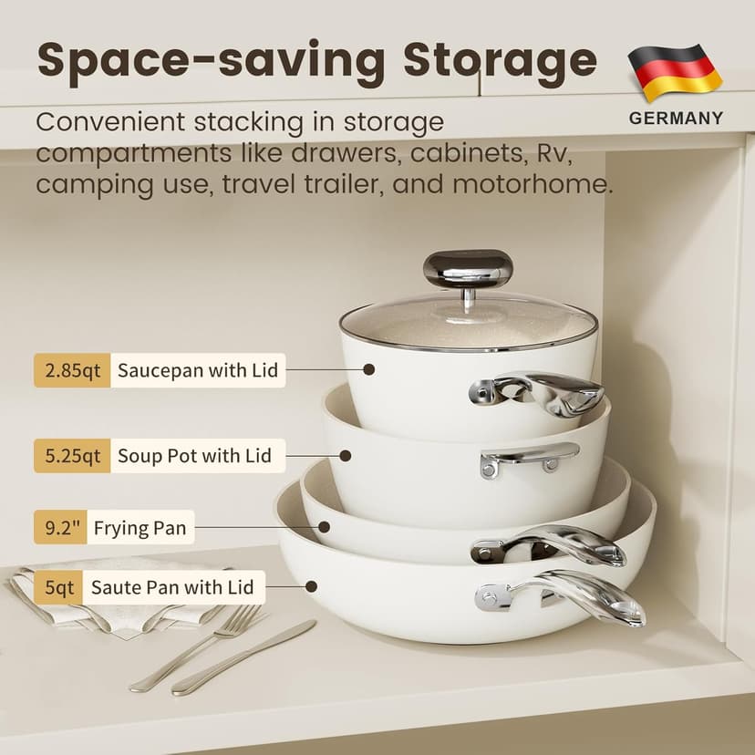 Non Stick Ceramic Cookware Set, Velosan Pebble Series Pots and Pans Set Non-toxic White Induction Cookware, with Frying Pan Saucepan Dutch Oven Wok, PFAS PTFE PFOA PFOS Free, Cream