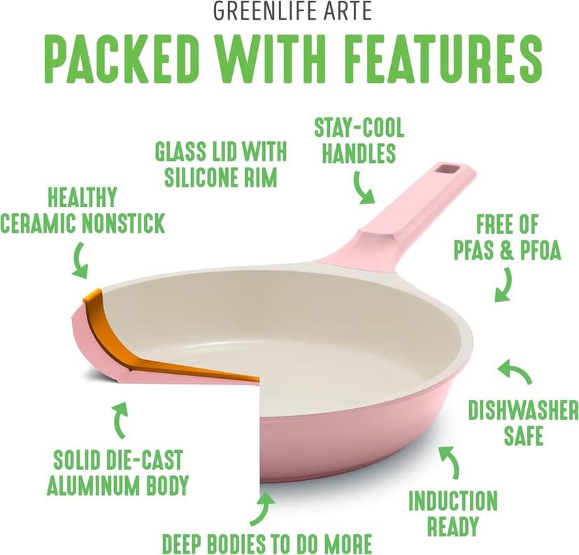 GreenLife 8 Piece Ceramic Nonstick Cookware Set, Induction Suitable Non Toxic PFAS-Free Pots & Pans, Dishwasher Safe, Cooking Set, Stock Pot, Saucepans & Frying Pans, Kitchen Cooking, Light Pink