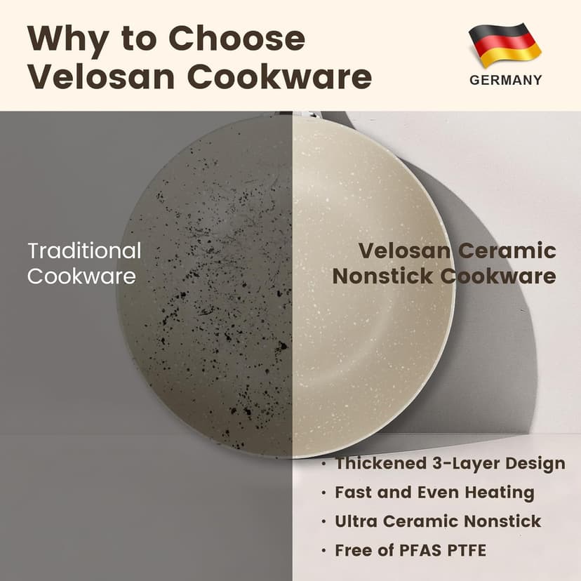 Non Stick Ceramic Cookware Set, Velosan Pebble Series Pots and Pans Set Non-toxic White Induction Cookware, with Frying Pan Saucepan Dutch Oven Wok, PFAS PTFE PFOA PFOS Free, Cream