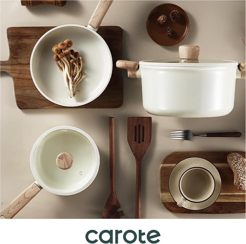 CAROTE 14Pcs Nonstick Ceramic Cookware Set, Non Toxic Cookware PFAS/PFOA Free, Cream White Pots and Pans Set Non Stick, Kitchen Cooking Pan Set, Large Capacity