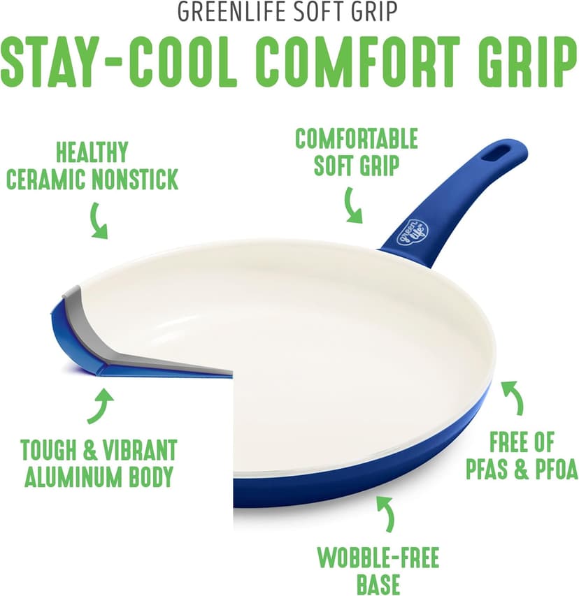 GreenLife 16 Piece Nonstick Cookware Set, Soft Grip Non-Toxic PFAS-Free Ceramic Pots & Pans, Dishwasher & Oven Safe, Frying, Sauce, Saute, Utensils, Glass Lids, Stay-Cool Handles, Wobble Free, Blue