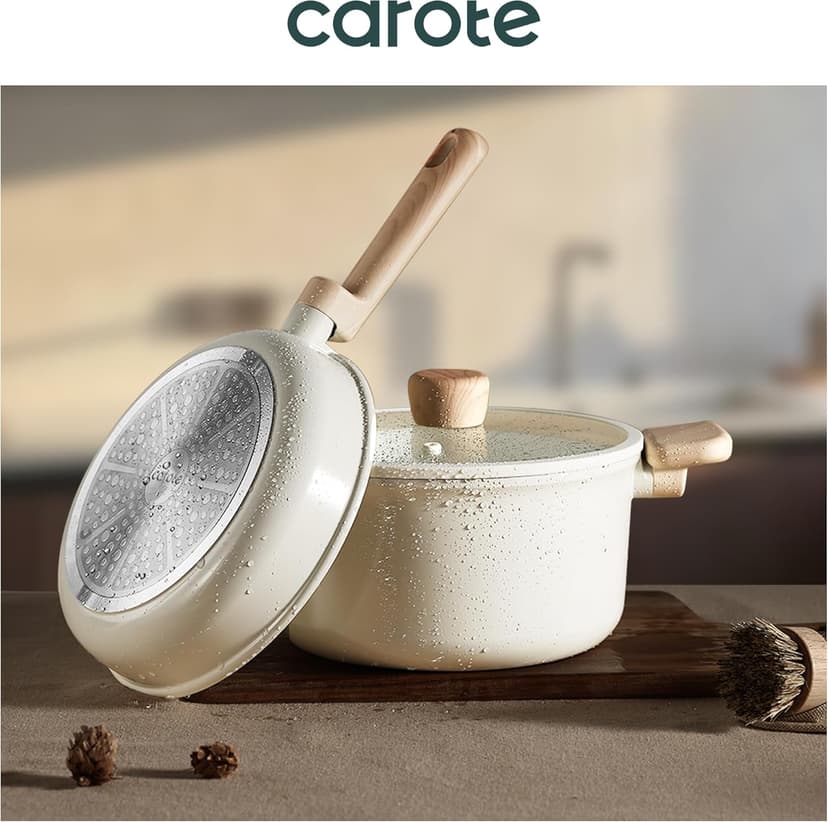 CAROTE 14Pcs Nonstick Ceramic Cookware Set, Non Toxic Cookware PFAS/PFOA Free, Cream White Pots and Pans Set Non Stick, Kitchen Cooking Pan Set, Large Capacity