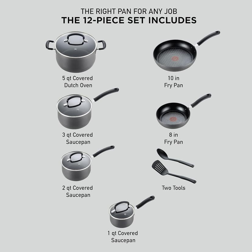T-fal Ultimate Hard Anodized Nonstick Cookware Set 12 Piece, Oven Broiler Safe 400F, Lid Safe 350F, Kitchen Cooking Set w/Fry Pans, Saucepans, Dutch Oven, Pots and Pans, Dishwasher Safe, Black