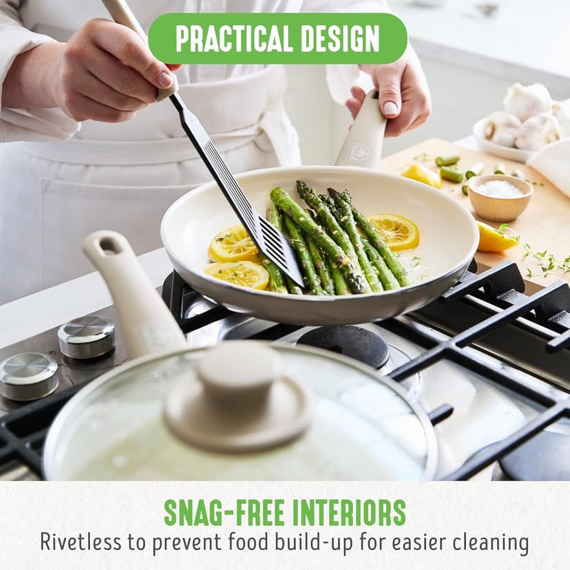 GreenLife 16 Piece Nonstick Cookware Set, Soft Grip Non-Toxic PFAS-Free Ceramic Pots & Pans, Dishwasher & Oven Safe, Frying, Sauce, Saute, Utensils, Glass Lids, Stay-Cool Handles, Wobble Free, Taupe